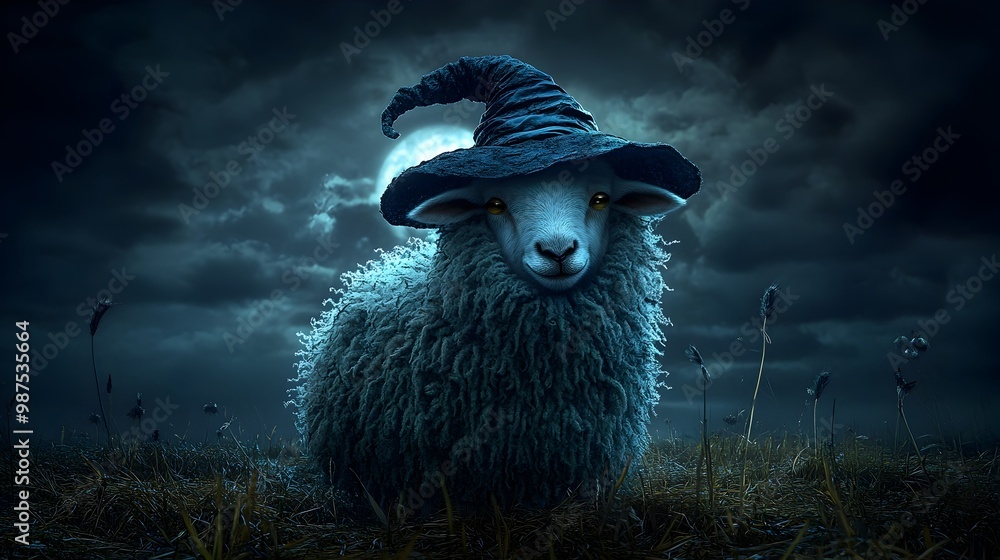 Poster Surreal image of a sheep wearing a witch s hat and cape standing in a moonlit field with a dark moody and atmospheric landscape  The sheep has a mysterious supernatural aura