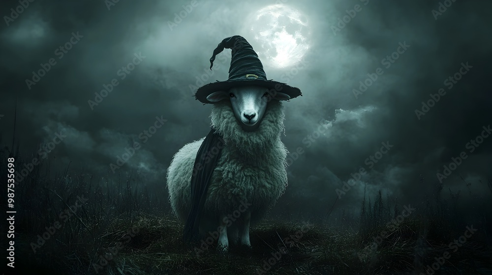 Poster mystical and spooky image of a sheep wearing a witch s hat and cape standing in a moonlit field with