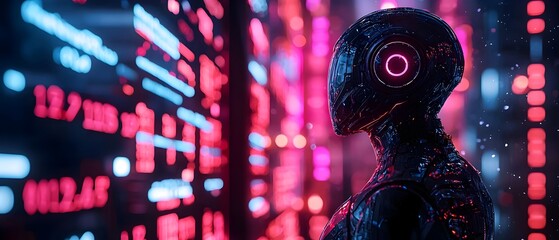 Robotic trader using intelligence and advanced analytics to analyze market trends financial predictions and investment strategies on a futuristic digital dashboard interface