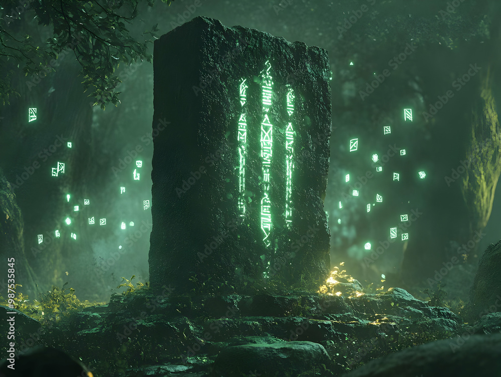 Poster a mysterious stone monolith illuminated by glowing symbols in a lush, enchanted forest.