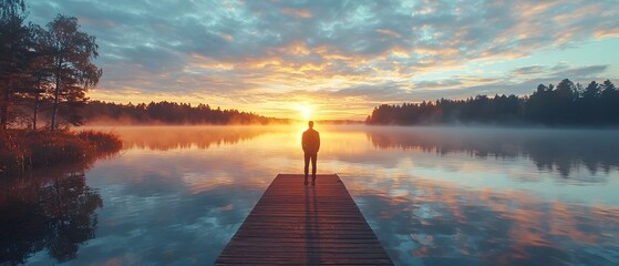Silhouetted figure standing on a wooden dock gazing out over the calm reflective waters of a lake at sunrise  The scene symbolizes a sense of new beginnings contemplation and inner peace