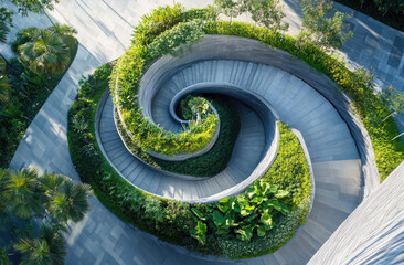 Aerial view of the organic garden on top of a tall building in Singapore, with a spiral staircase winding around the plants and greenery