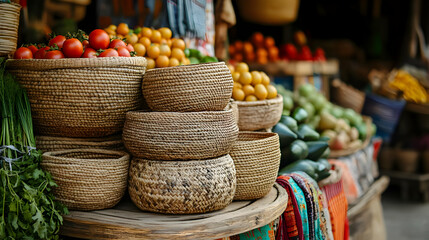 Fototapeta premium Colorful display of fresh fruits and vegetables in woven baskets at a market.