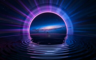 Cosmic gateway. Abstract, cosmic landscape with a glowing archway over a water reflection, representing a portal to other worlds.