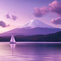 Sailboat on the Lake with Mount Fuji Background