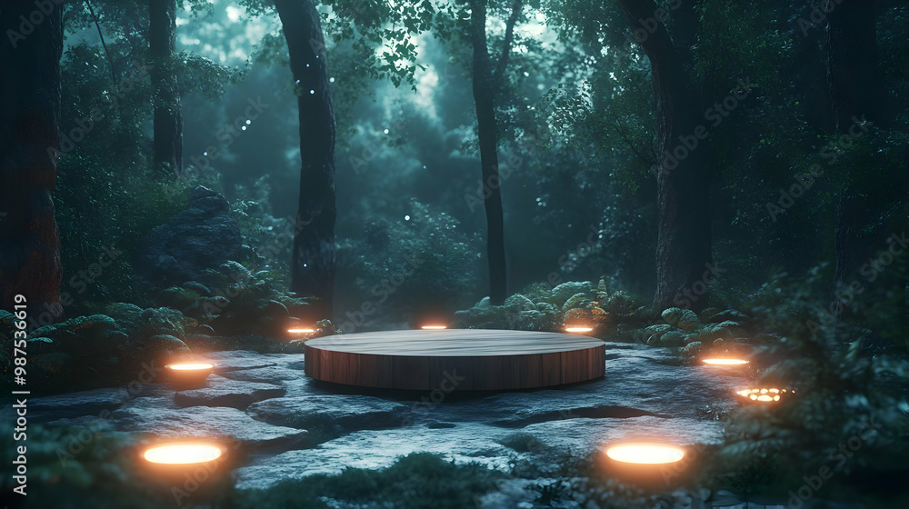 Poster mysterious forest scene with a circular platform and glowing lights surrounded by lush greenery.