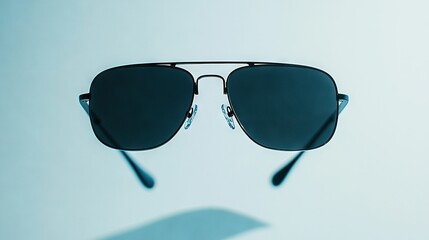   A pair of black sunglasses sits on a white table, casting a shadow of a person's head next to it