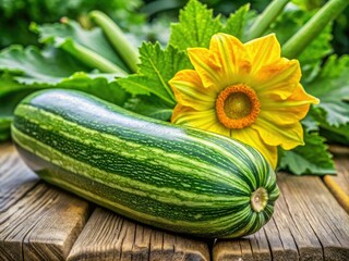 Freshly picked zucchini boasts a radiant green exterior, defining its robust cylindrical shape with gentle ridges and a striking bloom at its stem.