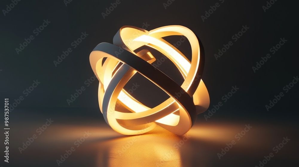 Poster a glowing 3d abstract sculpture of interlocking geometric shapes, slowly rotating in an empty space.