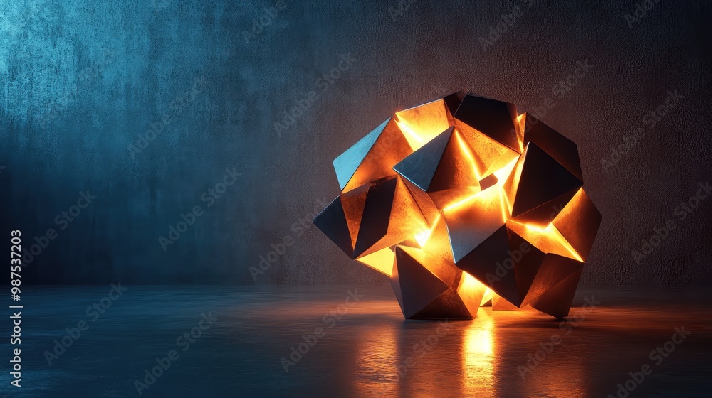 Poster a glowing 3d abstract sculpture of interlocking geometric shapes, slowly rotating in an empty space.