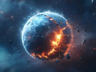 An explosive view of a planet with glowing cracks amidst a cosmic backdrop, showcasing the beauty and chaos of the universe.