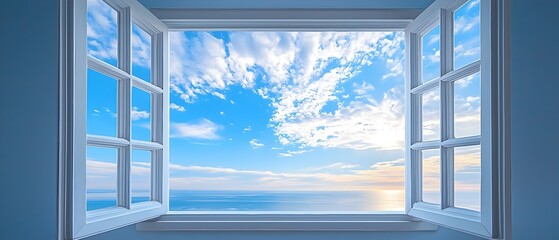 Serene open window framing a scenic landscape view symbolizing fresh air new opportunities and the boundless possibilities for and discovery ahead © Jittapon