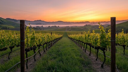 Obraz premium Sun sets over vines in the foreground while distant mountains loom through fog