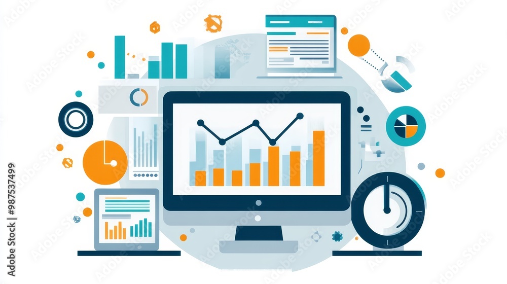 Poster business analytics illustration data visualization with charts and graphs