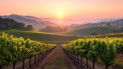 Fototapeta premium The sun sets over a vineyard in Napa Valley