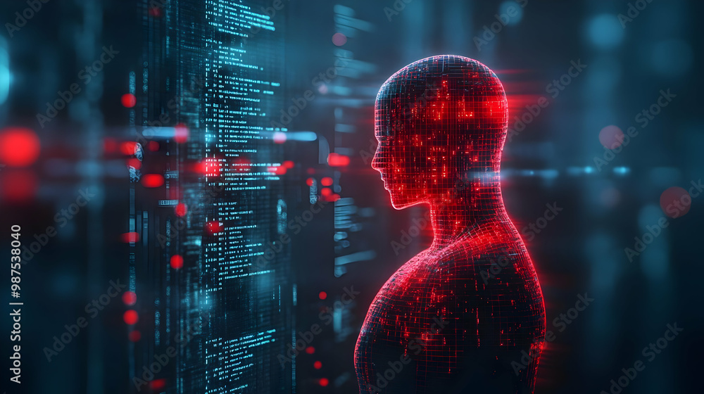 Poster futuristic digital human silhouette with glowing red lines in a data-driven environment.