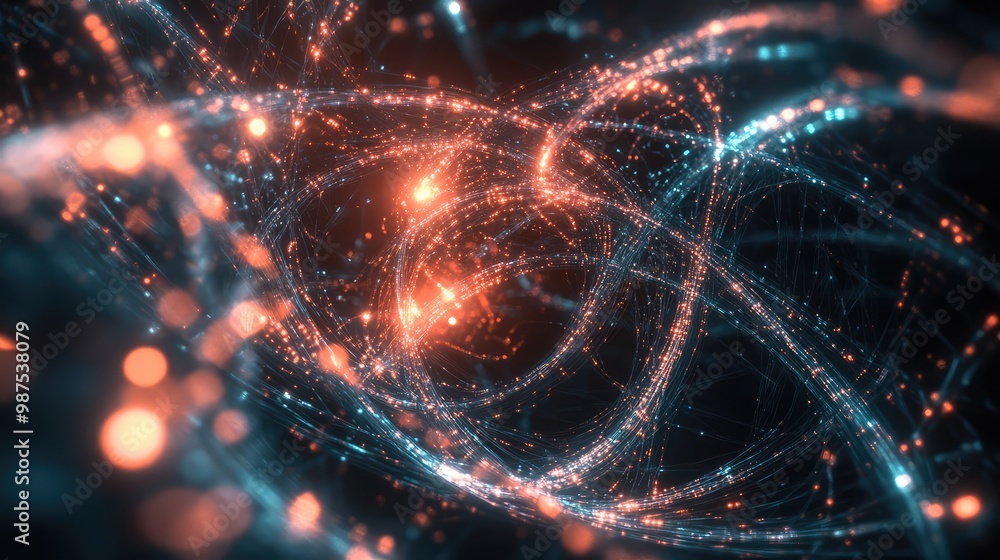 Poster a glowing 3d abstract structure of interconnected metallic strands, softly rotating in a dark, infin