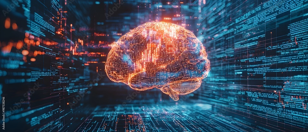 Poster robotic brain processing complex binary data from the market to generate dynamic digital financial a
