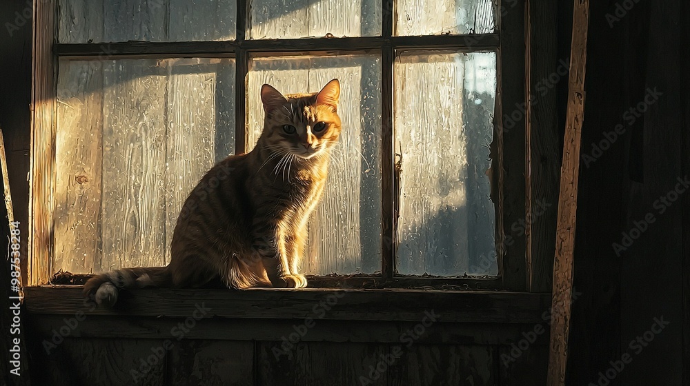 Poster   A cat perched on a windowsill, gazing out through the sunlit glass