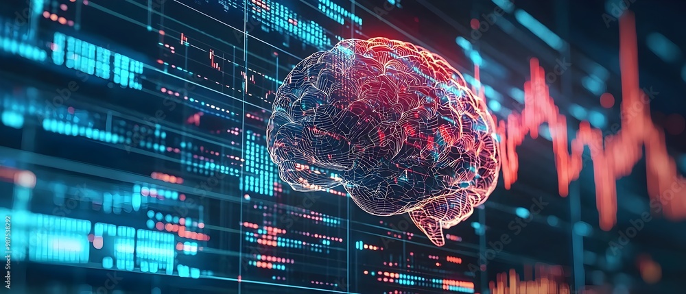 Poster robotic brain processing binary market data and information for digital financial analysis and futur