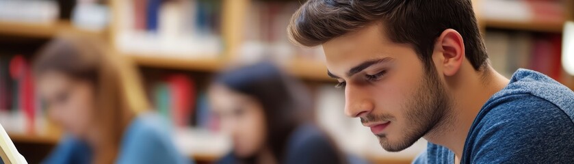 Obraz premium Young Man Studying in Library with Bookshelves in Background