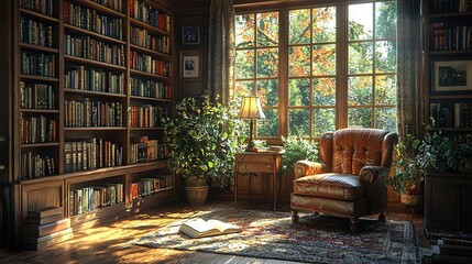  A spacious room brimming with numerous books and a cozy armchair positioned near a towering bookshelf laden with even more books