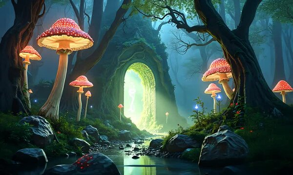 Fantasy forest with glowing mushrooms and a mystical portal surrounded by ancient trees. Enchanted and magical atmosphere. Generated with AI