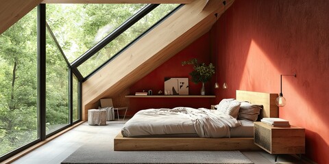 modern red attic bedroom with elegant sloping wooden walls, minimalist bedside tables and glass windwos with natural green view 