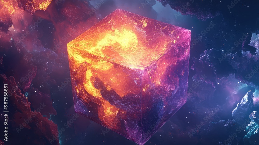 Poster a glowing 3d cube with inner layers of twisting, abstract shapes, hovering in a surreal, infinite sp