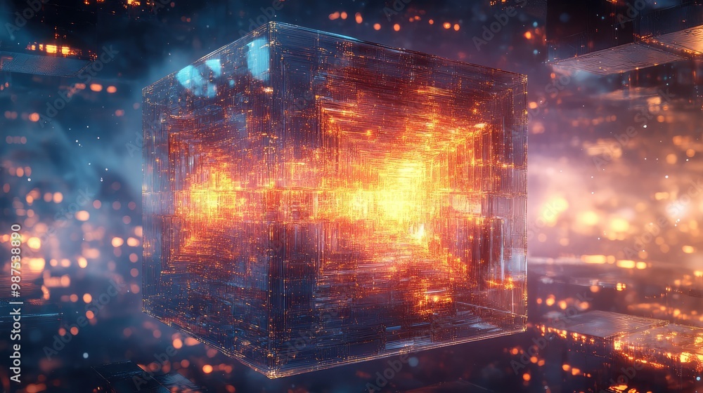 Poster a glowing 3d cube with inner layers of twisting, abstract shapes, hovering in a surreal, infinite sp