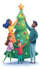 Family Decorating Tree Together, Children Hanging Ornaments, Parents Smiling
