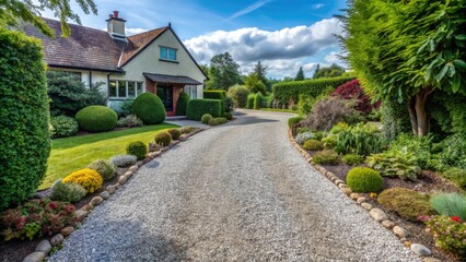 Obraz premium Gravel and pebble stones crunch beneath tires as a driveway leads to a charming house, surrounded by lush greenery and vibrant flowers.