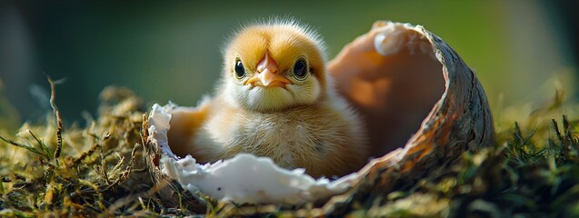 Newly hatched chick cautiously emerging from its cracked eggshell symbolizing the start of new life and a fresh beginning in the natural world