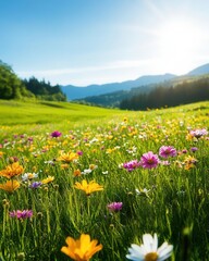 Fototapeta premium Scenic spring meadow with diverse flowers swaying in the breeze, set against rolling green hills Warm sunlight and clear skies create a peaceful and idyllic nature scene