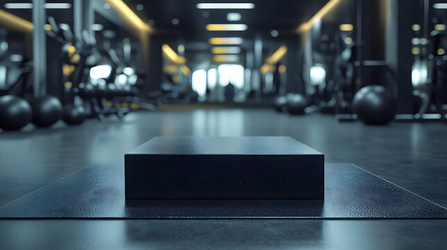 A dark gym box in a modern fitness center, showcasing an empty workout space with gym equipment in the background.