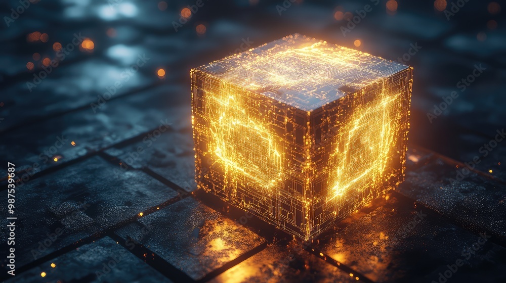 Poster A glowing 3D cube with layers of complex, abstract patterns inside, rotating in an empty, dark space.