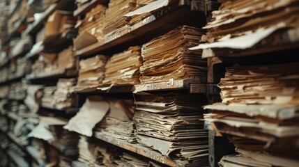 Fototapeta premium A towering stack of old, worn paper documents