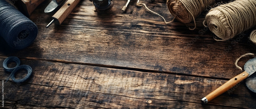 Poster craftsmanship concept with vintage wooden tools twine and textured materials displayed on an old rus