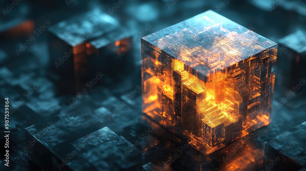 Poster a glowing 3d cube with layers of complex, abstract patterns inside, rotating in an empty, dark space