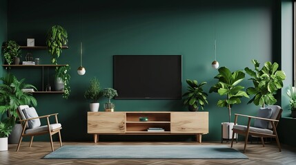Living room with cabinet for tv on dark green color wall background.3d rendering