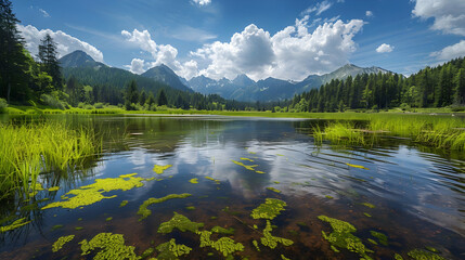 Fototapeta premium Serene Mountain Lake with Lush Forest and Clear Reflections