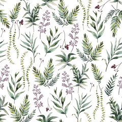 Watercolor seamless pattern with green and burgundy plants on a white background, hand drawn illustration.