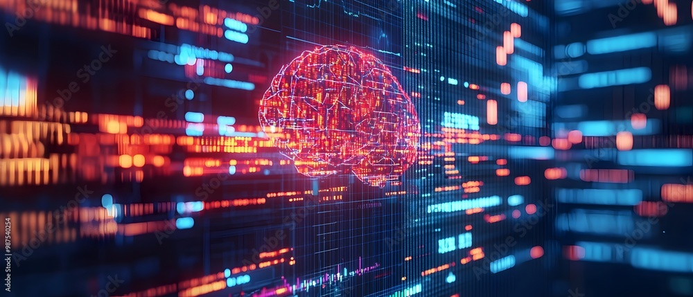 Poster futuristic brain connected to real time market data feeds integrating with financial systems to prov