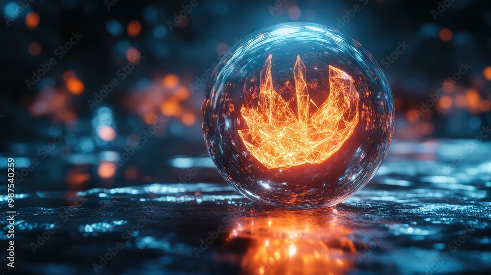 Aufkleber a glowing 3d sphere with abstract, crystalline structures inside, rotating in a dark, empty void.