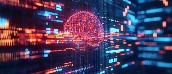Futuristic brain connected to real time market data feeds integrating with financial systems to provide advanced trading strategies market insights