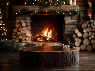 Cozy living room with a wooden table, fireplace, and festive decorations, creating a warm and inviting atmosphere.