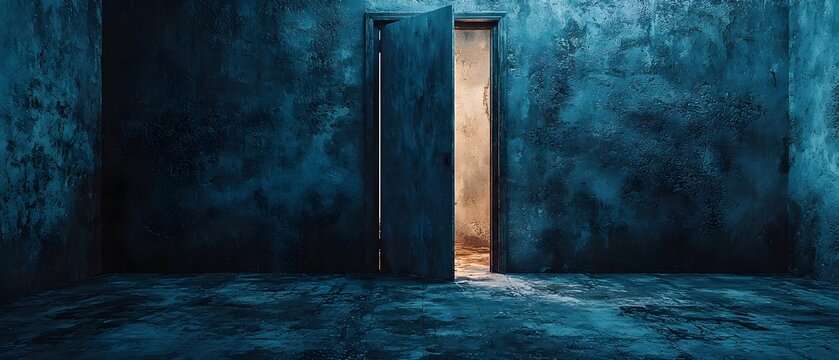 A dimly lit room shrouded in mystery and shadows with a single cracked door offering a glimmer of light and a possible escape from the sorrow and confinement within