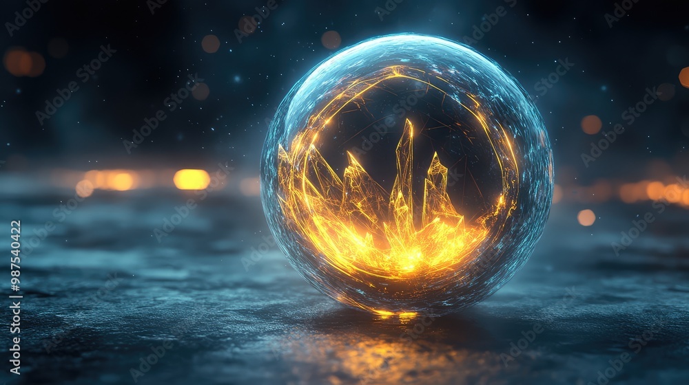 Aufkleber a glowing 3d sphere with abstract, crystalline structures inside, rotating in a dark, empty void.