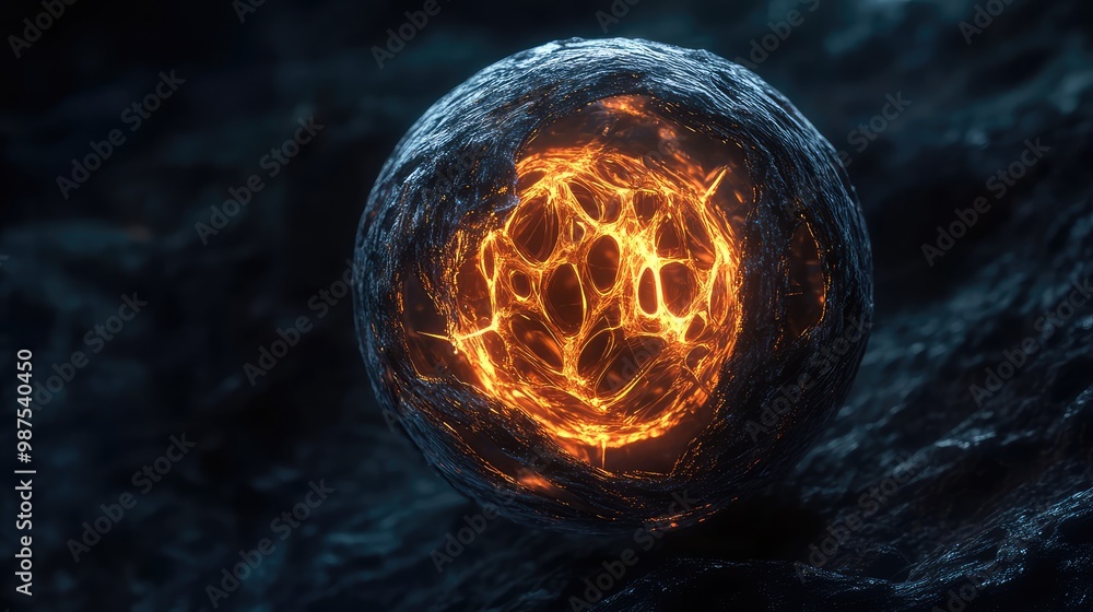 Aufkleber a glowing 3d sphere with abstract, crystalline structures inside, rotating in a dark, empty void.