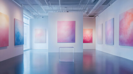 Modern art gallery showcasing abstract paintings with pastel colors and smooth surfaces reflecting...